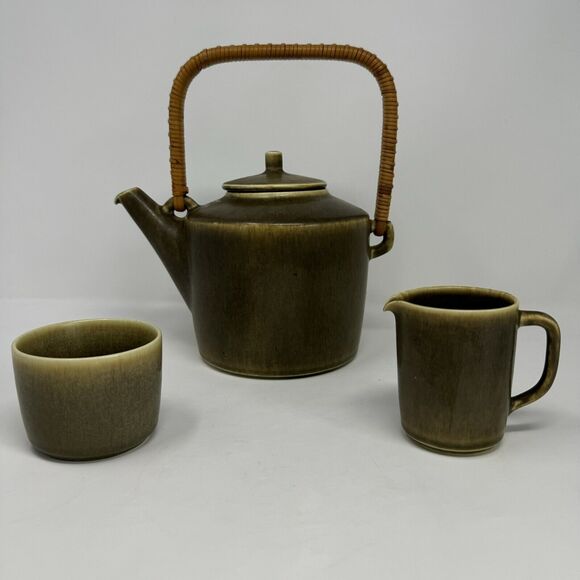 Palshus Frode Bahnsen Danish Other - 1950s Palshus Frode Bahnsen Danish Pottery Teapot Set Green Signed DLS 1186